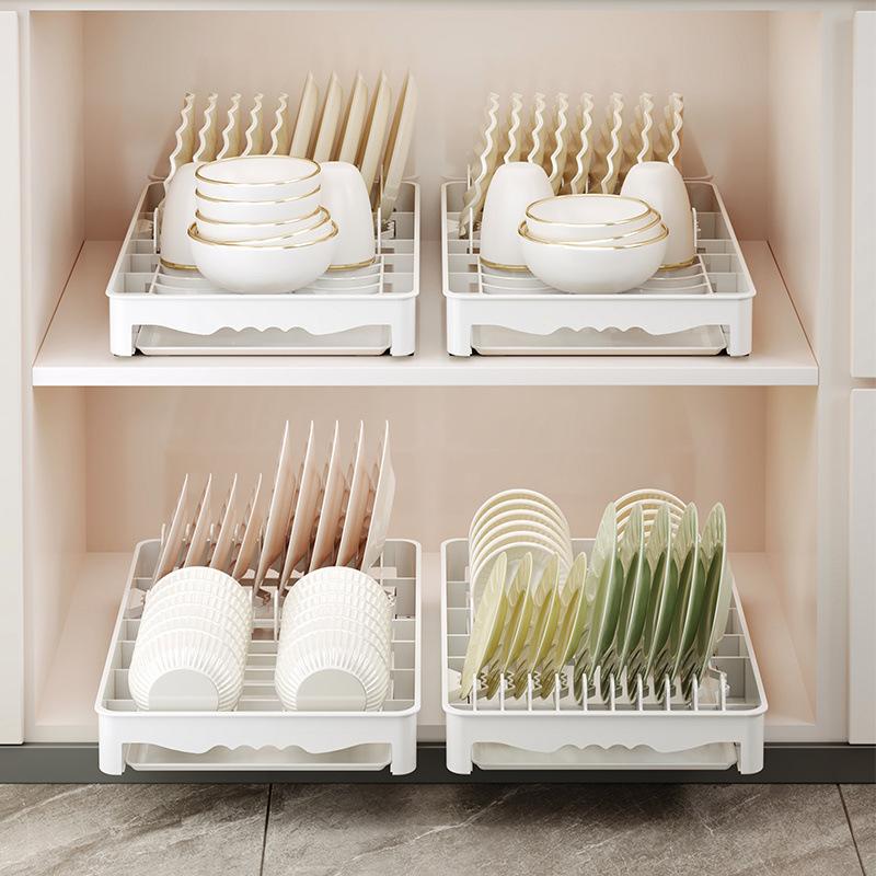 1pc Kitchen Bowl Plate Storage Rack Pull-out Type Tableware Drainboard Cabinet With Track Large-capacity Shelf Kitchen Organizer