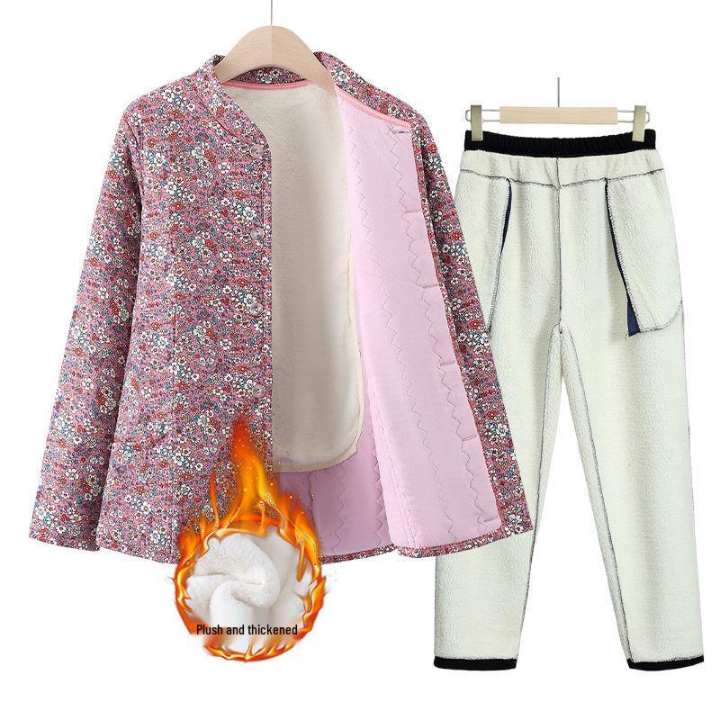 Grandma's Winter Floral Cotton Jacket with Velvet Lining - Warm, Thickened, Small Size for Elderly Women