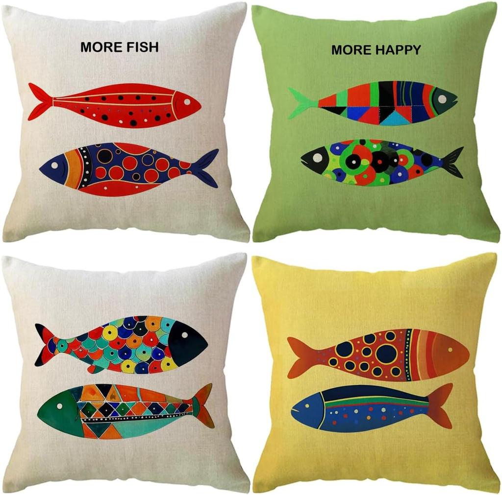 Sea Theme Fish Pillow Covers Coastal Throw Pillowcases Tropical Ocean Theme Beach Cushion Covers ,4 Pack