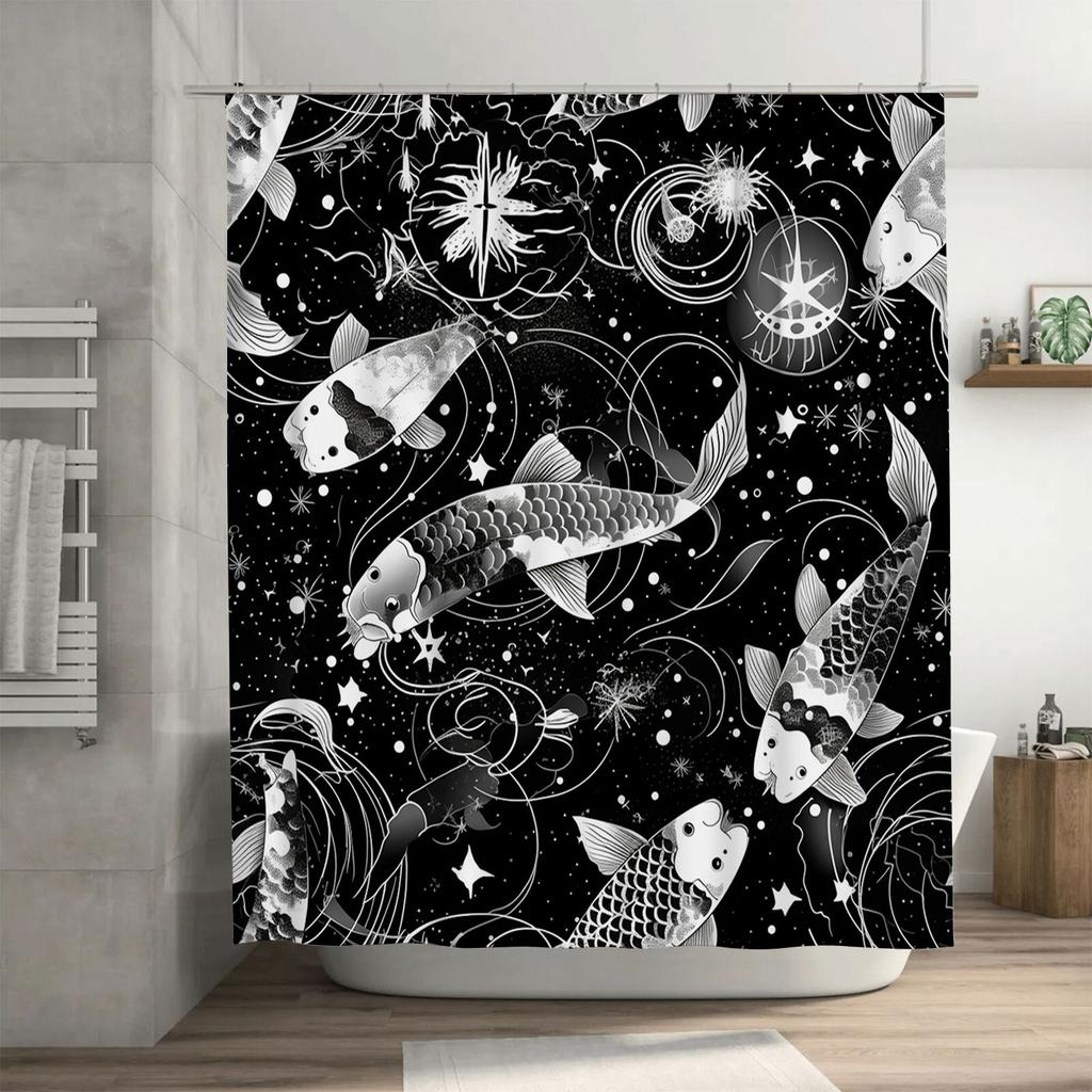 Schwarz-Weiß Fischmuster Duschvorhang Wasserdicht Dekoration Heimdekoration Badezimmerzubehör 180X240cm