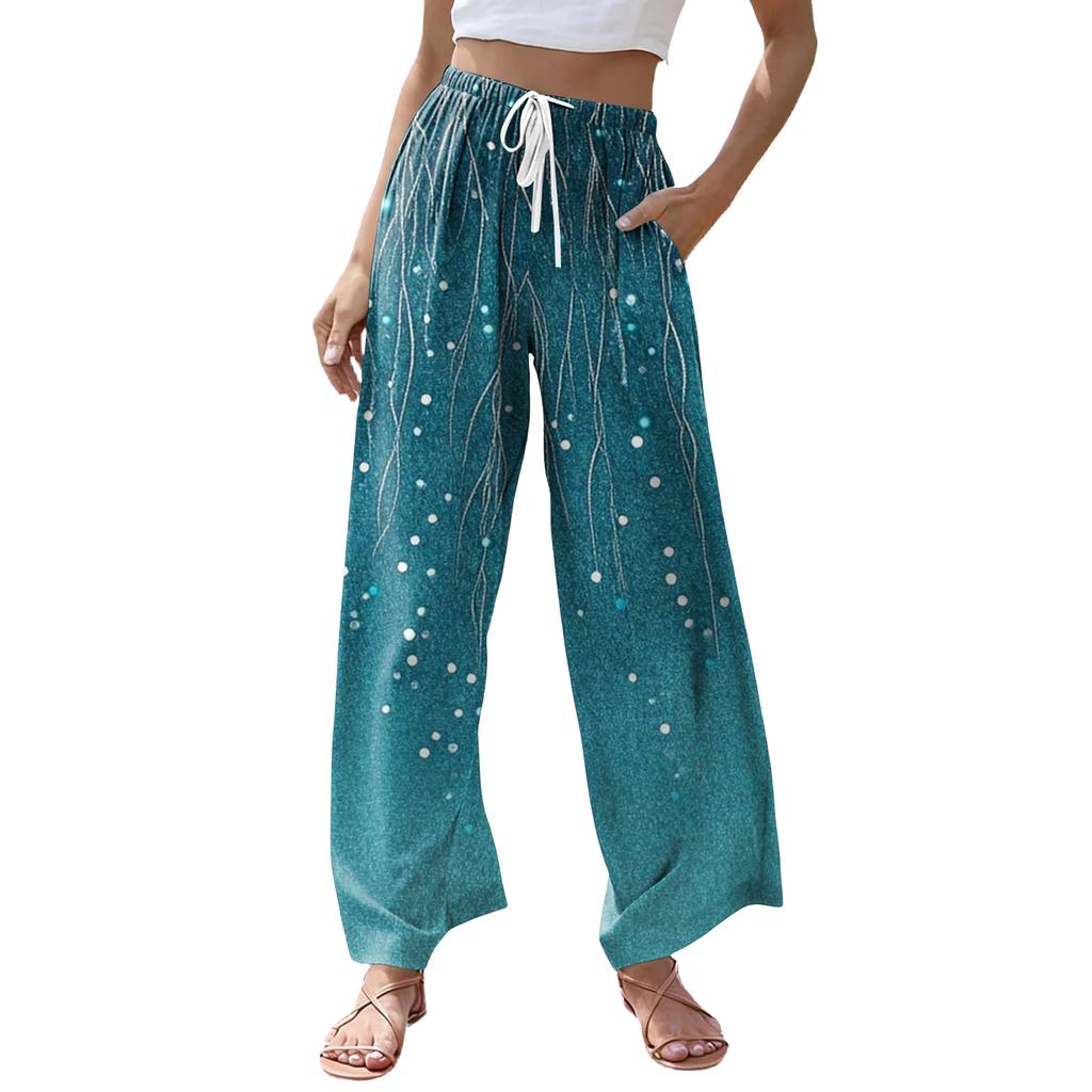 Women's Casual Retro Floral Print Wide Leg Drawstring Pocket Beach Casual Pants