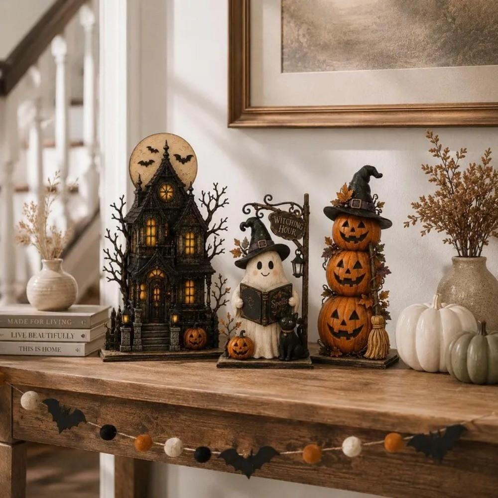 2D Flat Halloween Pumpkin Ghost Figurine Spooky Stacked Pumpkin Cart Ornament Desktop Decor