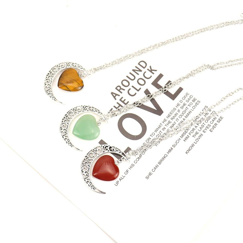 Hollow Moon Natural Stone Crystal Love Pendant Necklace Amethyst Pendant Couple N164