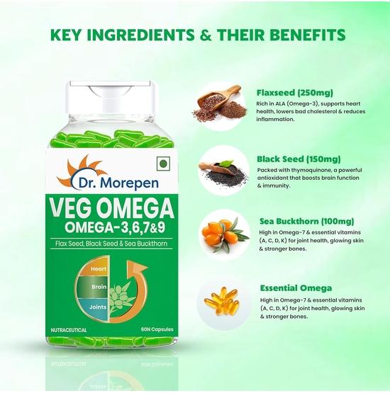 DR. MOREPEN Veg Omega 3 6 7 9 Kapslar 500mg Linfrö, Svartkummin & Havtorn - 60 Veg Kapslar