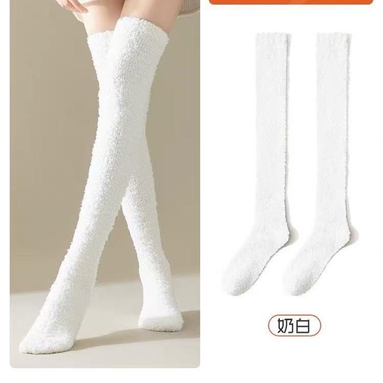 Winter Warm Coral Fleece Over-knee High Socks for Women Plush Home Sleep Floor Long Socking Jk Solid Soft Thigh High Fun Sock