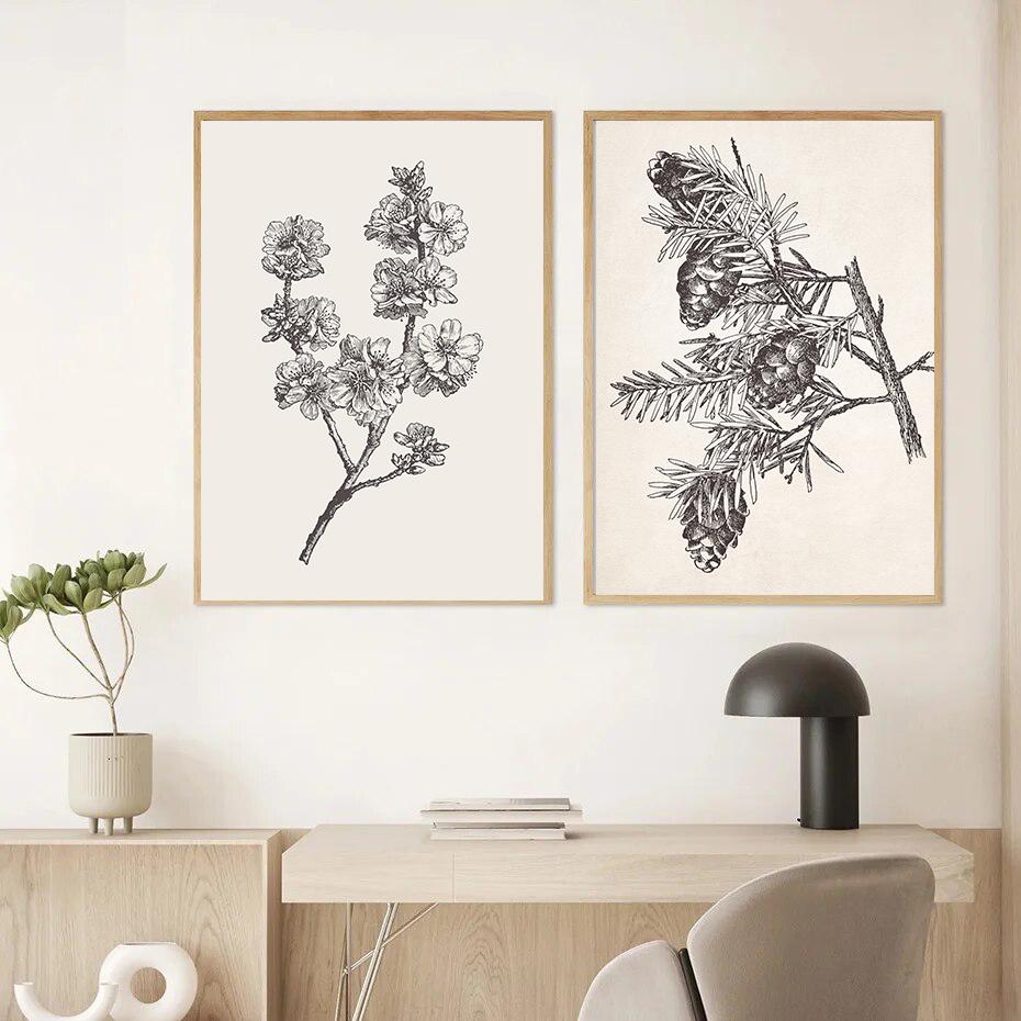 Apple Garlic Daisy Blossom Olive Branch Sketch Poster Print Vintage Botanical Drawing Canvas Painting for  Kitchen Room Decor