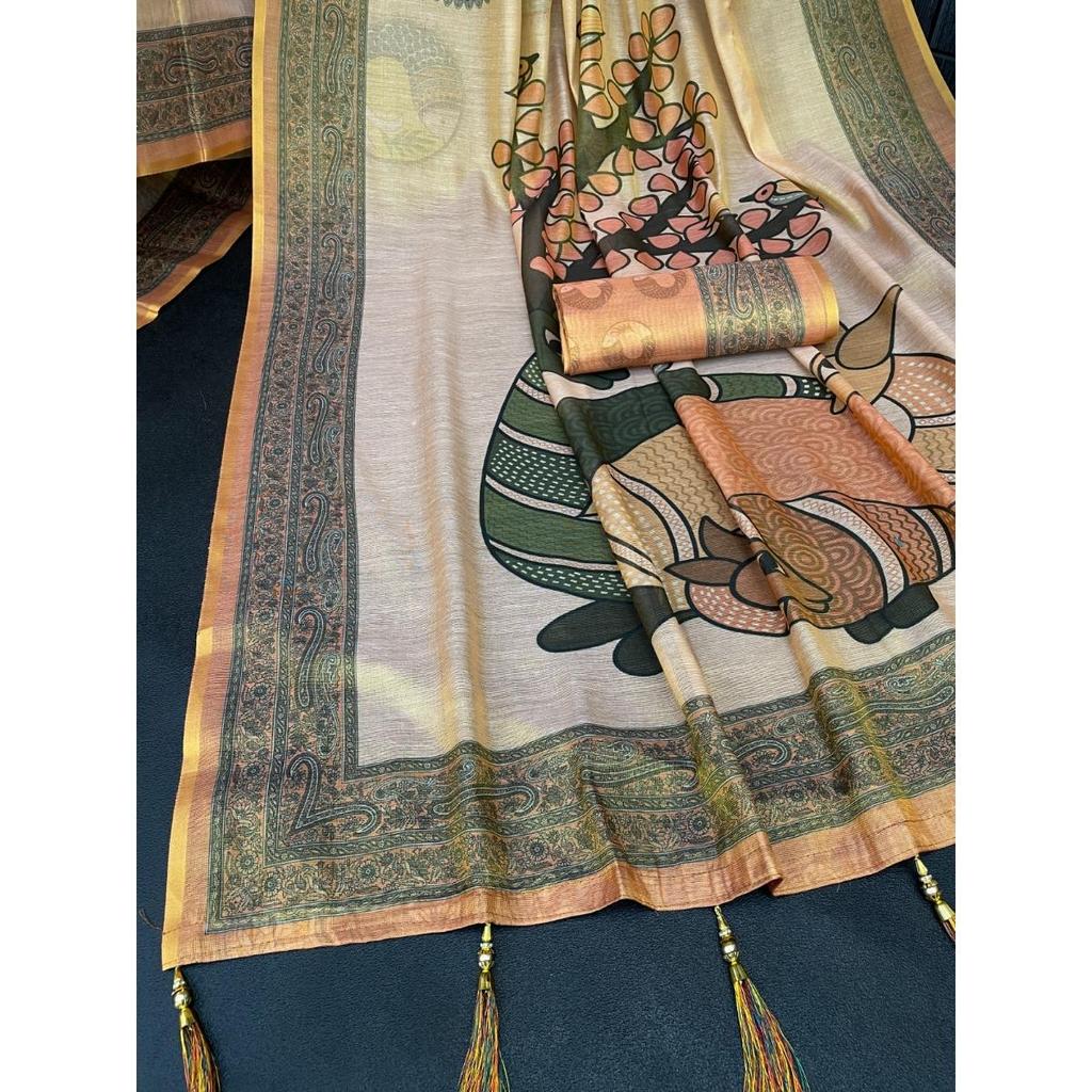 Soft premium handloom fabric Digital Print With  Rich Pallu With Lace Border On Saree