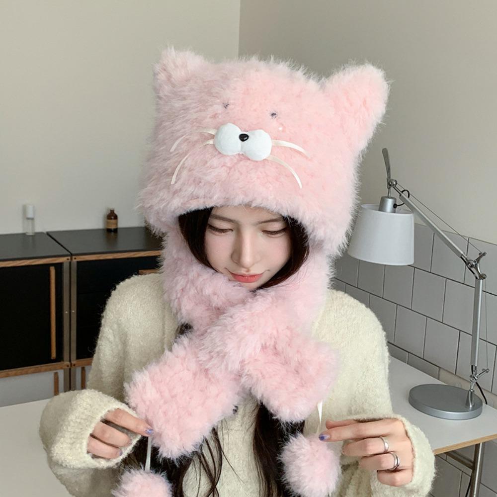 Plush Cat Ears Hat Knitted Cycling Balaclava One Piece Ear Protection Hat  Winter Season