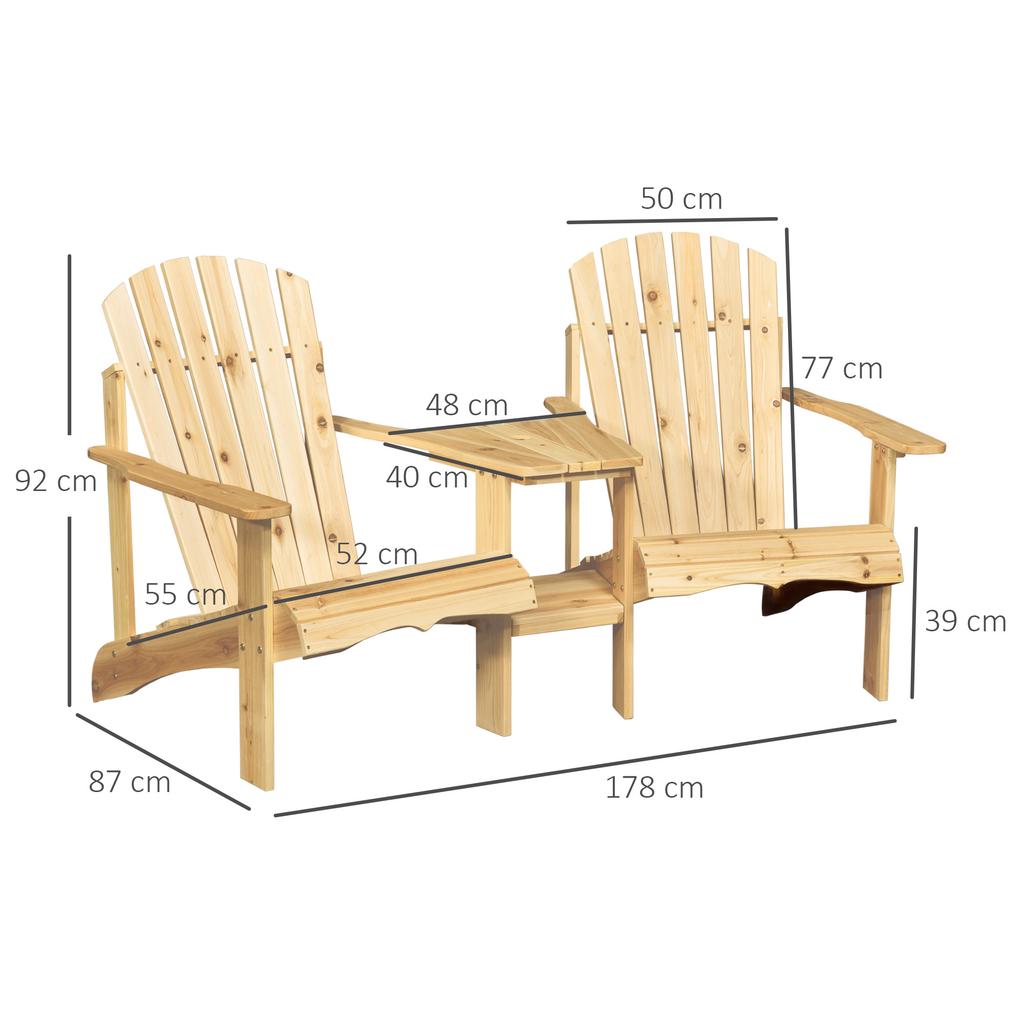 Adirondack Solid Wood Garden Chair with Table and Parasol Hole, 2-seater Garden Armchair, Seating Group, Garden Furniture for Balcony