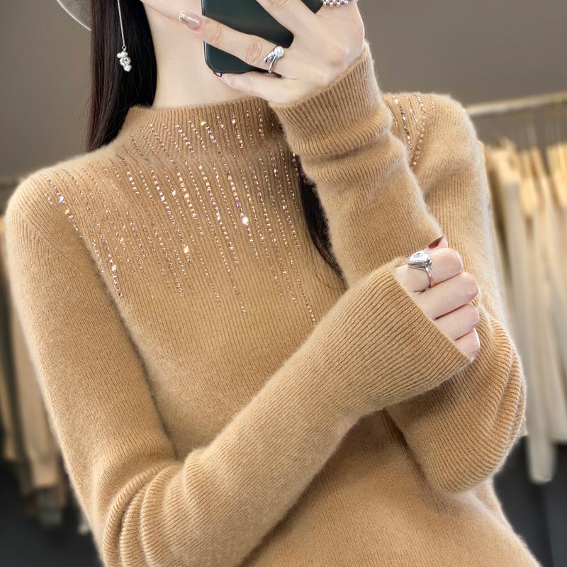 Women's Half Turtleneck Sweater, Qinghe Cashmere, 30% Cashmere 70% Wool, Diamond-studded Winter Knitted Pullover Autumn Sweater Cashmere Sweater