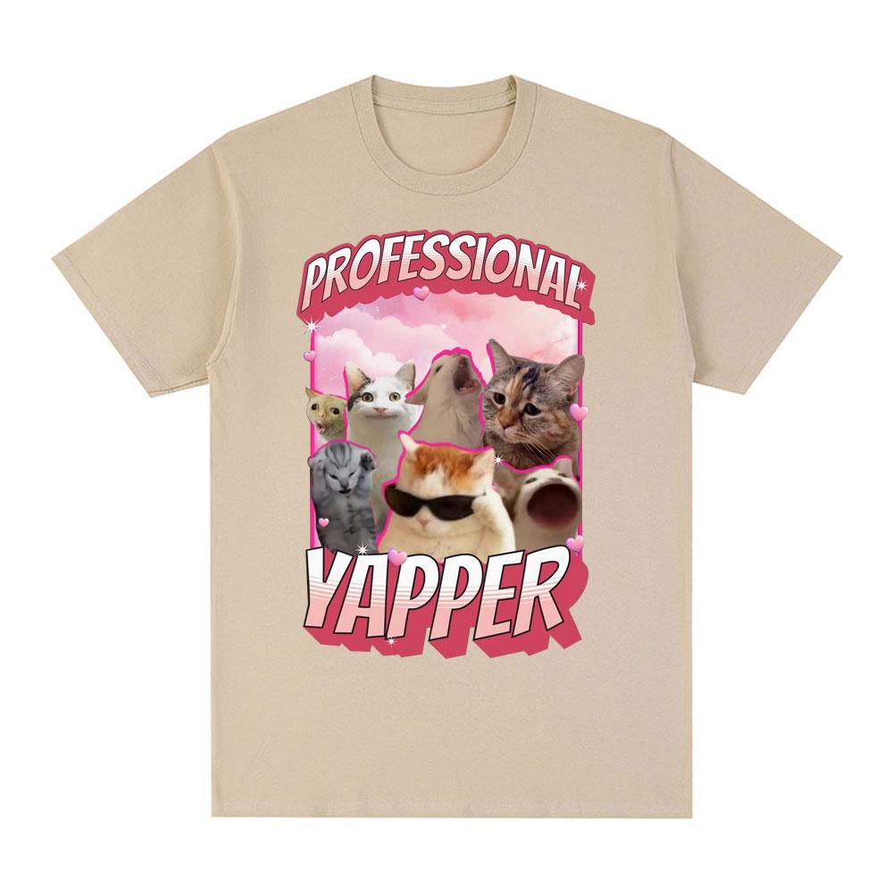 Vintage Funny Professional Yapper Meme Cat Graphic T-Shirt Men Fashion Short Sleeve T Shirt Cotton Casual Comfort T-shirts