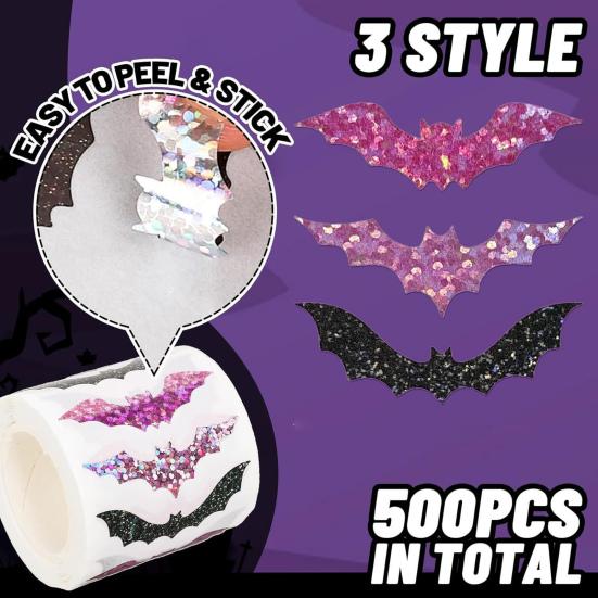 500 Pcs Halloween Bat Sticker Rolls Sparkly Pink Black Bat Decals Reusable Laptop Stickers for Coloring Book Scrapbook Envelope Journal Decor
