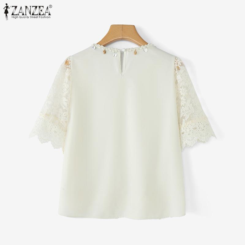 ZANZEA Women Summer Casual Hollow Lace Patchwork Short Sleeve Blouse
