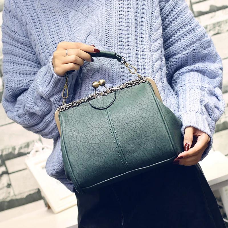 Fashi Women Clip Bags PU Leather Tote Handbag Female Kiss Lock Bag Luxury Vintage Crossbody Purse Bags Messenger Bag for Women