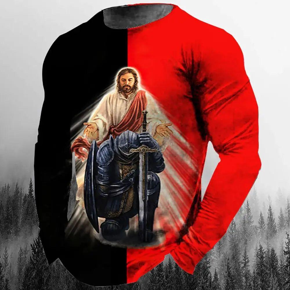 Camiseta de manga larga informal de moda para hombre con estampado 3D retro de Jesucristo, personalidad callejera, cuello redondo holgado, estilo Harajuku, top de gran tamaño