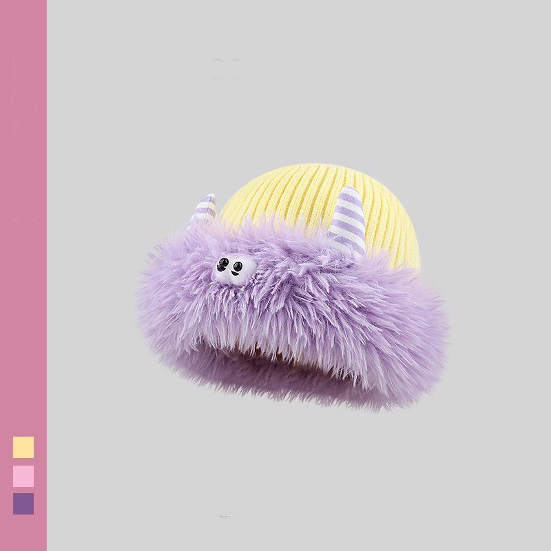 Cute and funny plush knitted hat children keep warm in winter new little monster horn ear protector hat shows small face