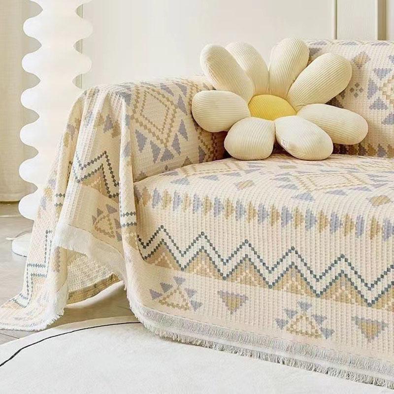 Böhmisches Gestreiftes Bedrucktes Sofa Handtuch Elegante Vollständige Abdeckung Couch Überwurf mit Quasten Haustierfreundliches Armlehnenhandtuch für Alle Jahreszeiten