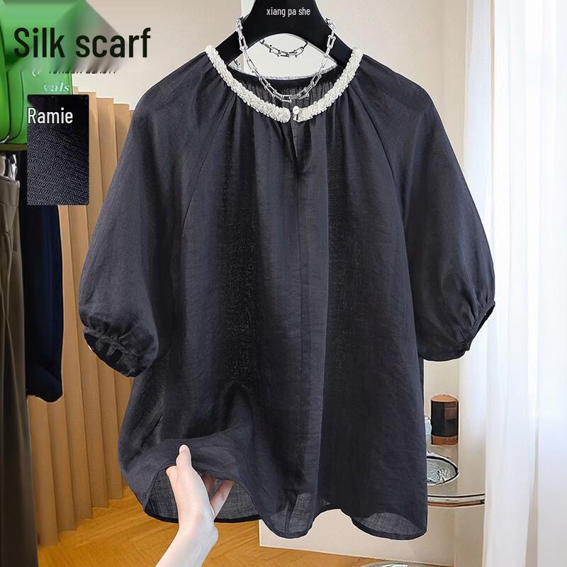 Women s Ramie Color Block Round Neck Blouse XL