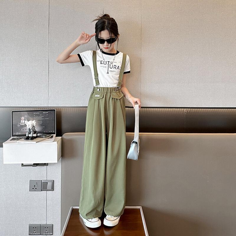 Девочки летние широкие брюки повседневные модные тонкие свободные брюки для детей комбинезоны 12 13 14 лет подростковые детские брюки 120 зелёный