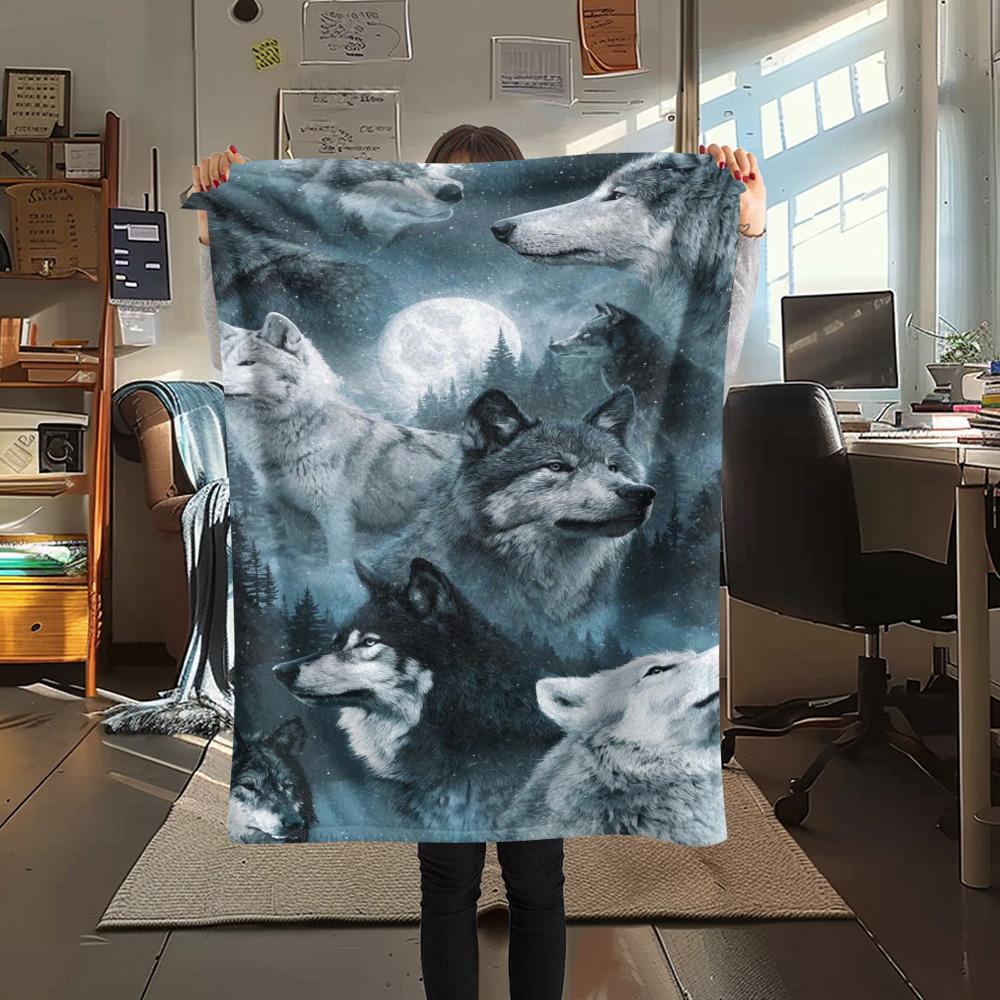 1PC Gray wolf Print Flannel Blanket, High quality Comfortable for All Seasons, Home Decor, Warmth and Comfort