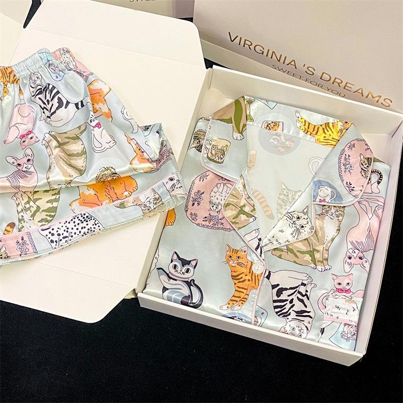 Cute Cat Ice Silk Pajamas Women'S Summer Short-Sleeved Shorts Loungewear Two-Piece Suit Can Be Worn Outside