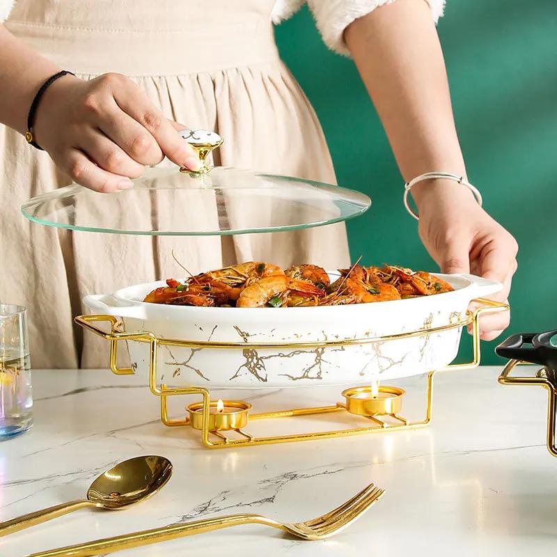 Nordic Style Oval Ceramic Soup Pot Household Hotel Tableware Casserole Holder Candle Heating Fish Plate Binaural Dry Pot