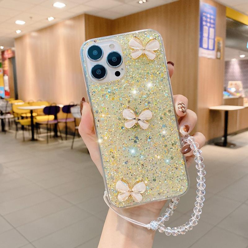 Applicable To Apple 17Pro Glitter Jade Butterfly Hand Rope Epoxy 15 Mobile Phone Case iPhone14 Butterfly 16Pro Max