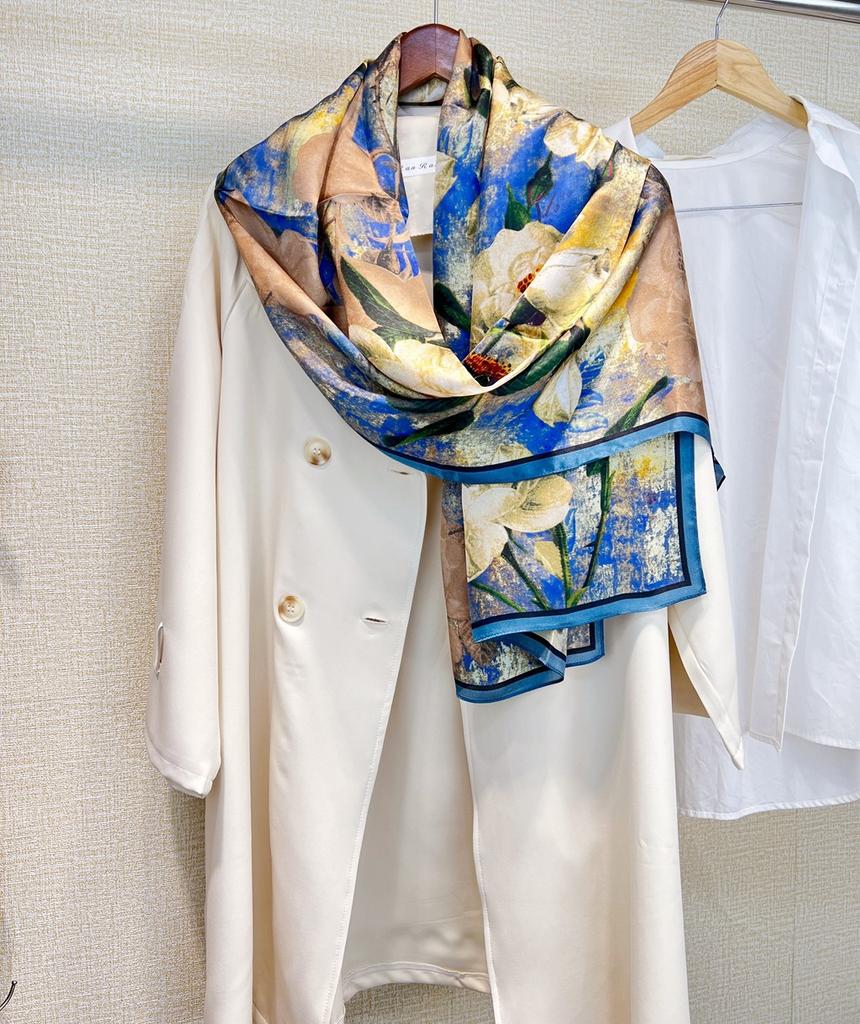 Commuting Versatile Oil Painting Style Medium And Long French Silk Long Scarf Mulberry Silk Silk Scarf Multi-Functional Summer Shawl Ol