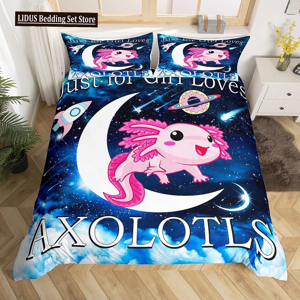 Cute Axolotl Duvet Cover Set Full Size Cartoon Salamander Bedding Set Kawaii Animals Comforter Cover Constellation Black Decor
