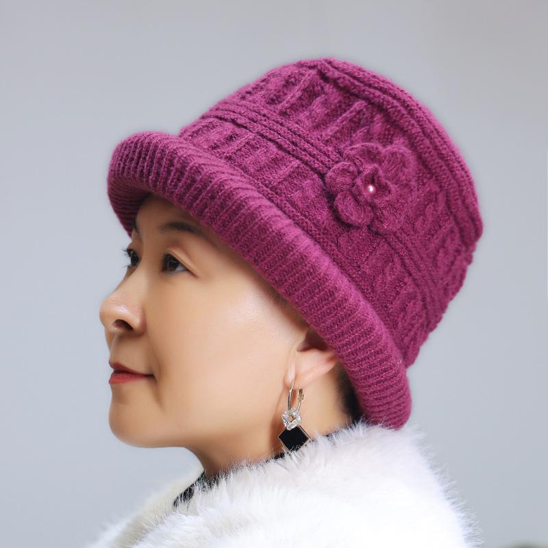 Winter new middle-aged and elderly hats women's knitted ear protectors handmade wool hats, plush warm mother cold-proof hats