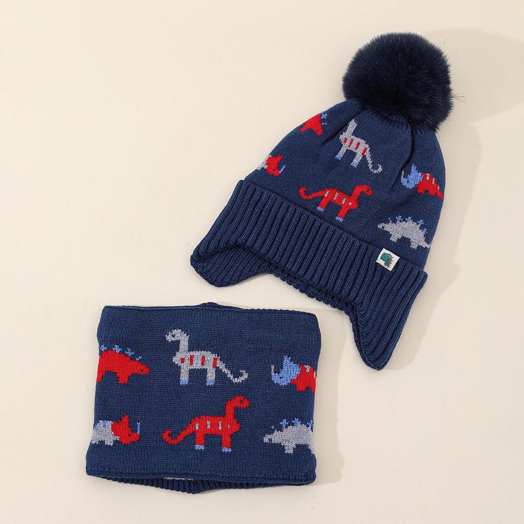 Cartoon Dinosaur Wool Pom-Pom Hat & Scarf Set: Thickened Knit for Autumn/Winter, Ear-Protecting Warmth