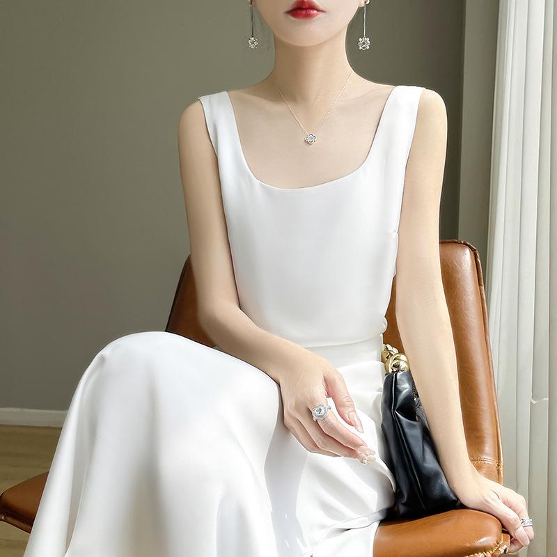 Summer French Inner Waist Waist Vest Suspender Skirt Acetate Satin High-end Square Collar Satin Dress for Women