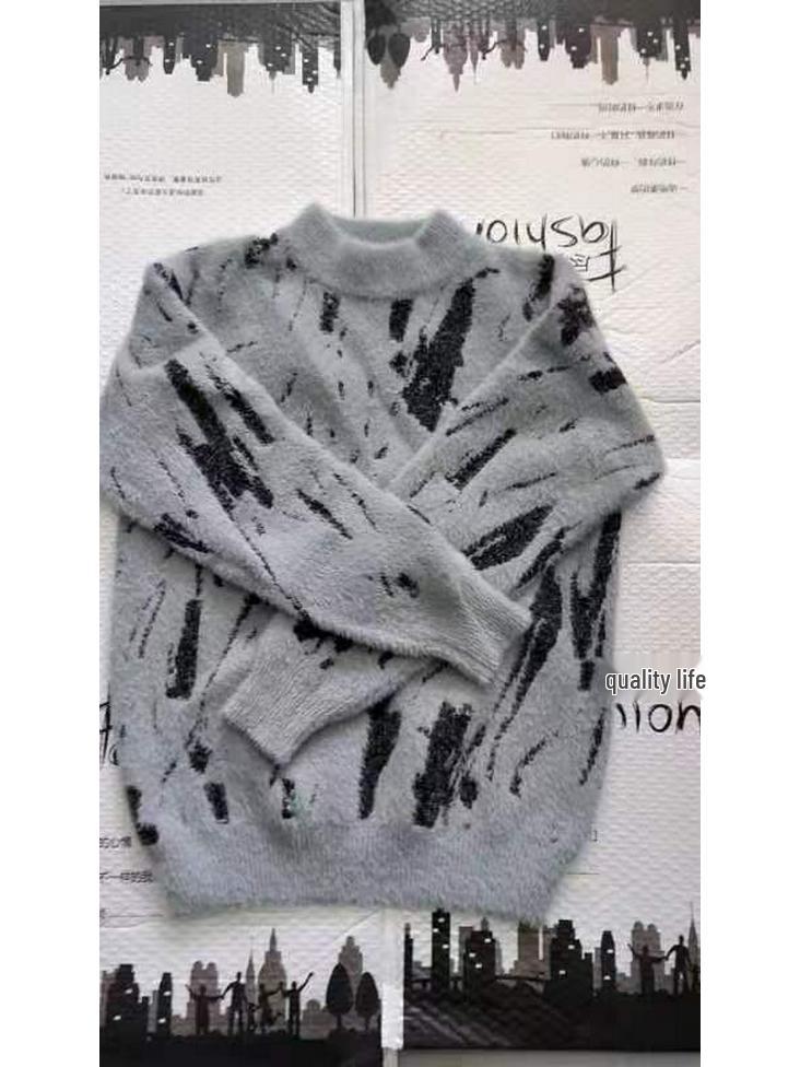 Men's Graffiti Print Semi-High Neck Thick Sweater Knitwear