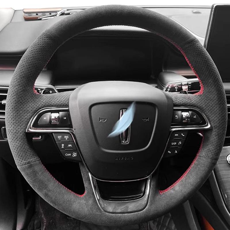 For Lincoln Continental Navigator MKC MKS MKT MKZ Braid Full Coverage Wine Red Leather Car Steering Wheel Cover Accessory