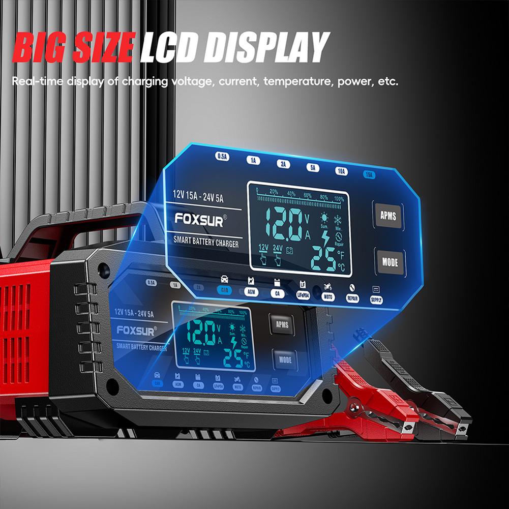 15A 12V 24V Car Battery Charger LCD Display Car Booster Moto Battery Charger for Lead-Acid LiFePO4 AGM Batteries