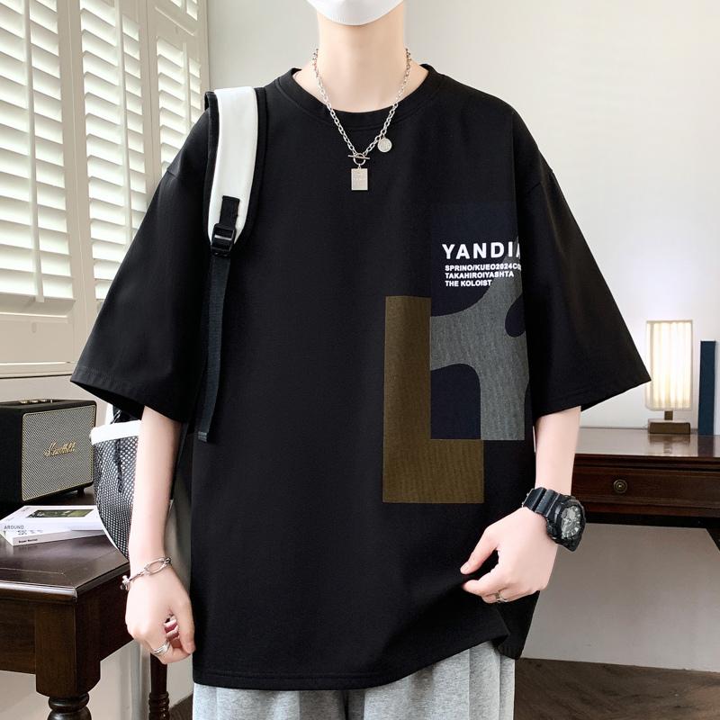 New Loose Flocking Printed Short-sleeved T-shirt Men's Teenagers' Fashion Casual Sports Top Summer