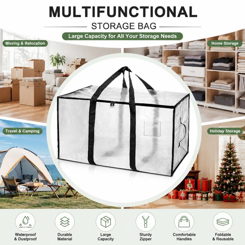 1Pc Heavy-Duty Waterproof Moving Storage Bag With Reinforced Handles And Zipper, Transparent Foldable Organizer Bag With Mesh Sides For Easy Viewing