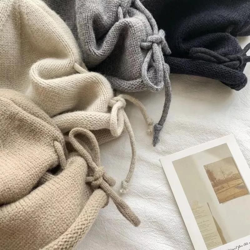Drawstring Baggy Slouchy Beanies For Women Fashion Skullies Cap Autumn Winter Warm Pile Hat Kpop Solid Color Woolen Bonnet