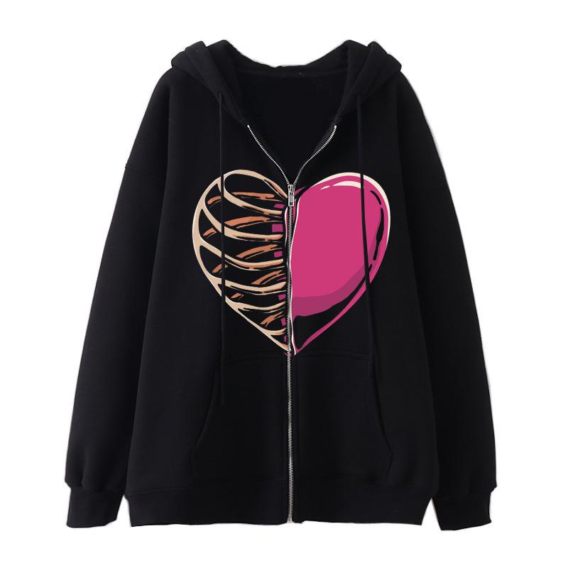 Cross-border new product spot skull wings hooded zipper sweater women's fleece thickened loose sports cardigan sweater women's