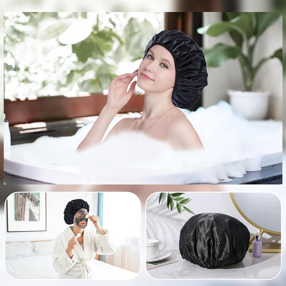 Cuffia da doccia riutilizzabile con funzione capelli asciutti, adatta alle donne, tessuto in microfibra tipo asciugamano, superficie satinata setosa, 100% impermeabile, s