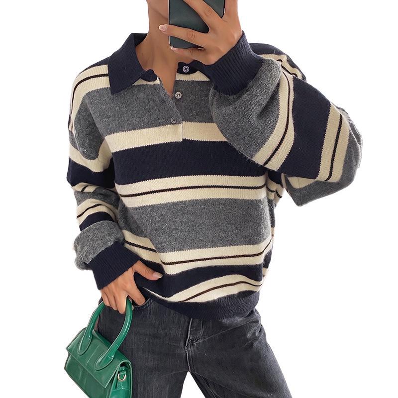2026 Autumn/Winter Women's Color Block Striped Knit Sweater - Casual, Loose Fit with Lapel