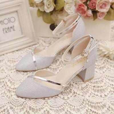 2024 Spring Korean-Style Women's Thick Heel Pointed Toe Buckle Sandals
