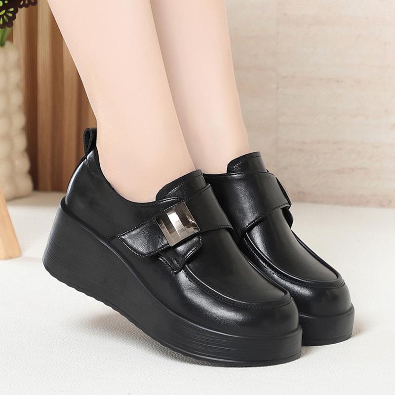 

Soft Bottom Leather Shoes Round Head Platform Wedge Heel Loafers Single Shoes Thick Sole Comfortable Shoes For Middle Aged Women 36