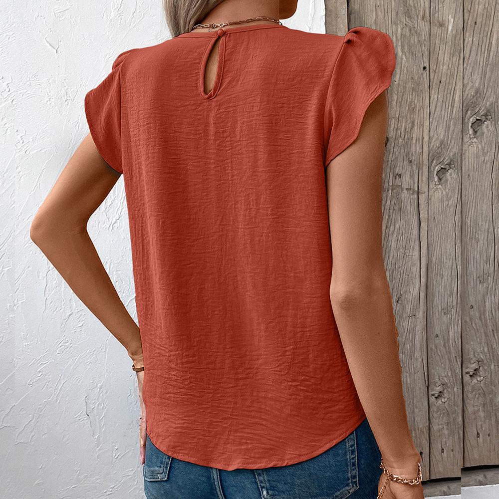 Casual Round Neck Pullover Short Sleeved T-shirt Solid Color Lotus Leaf Sleeve Top for Women Shirt