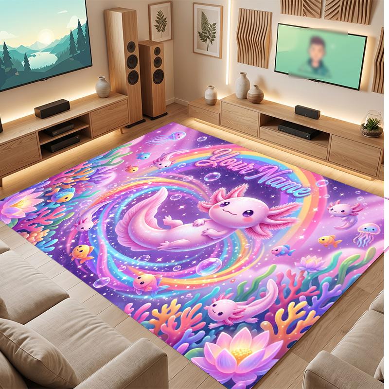 Axolotl Theme Soft Crystal Velvet Rug Custom Name & Text Print Non Slip Floor Rug for Bedroom Living Room