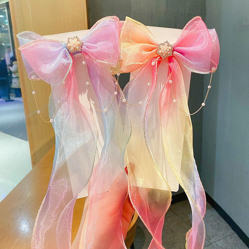 

Милая элегантная сетчатая заколка для волос с бантом-лентой, кисточкой из искусственного жемчуга и кристальной отделкой, красочный шифоновый головной убор для вечеринки, для детей 2pcs