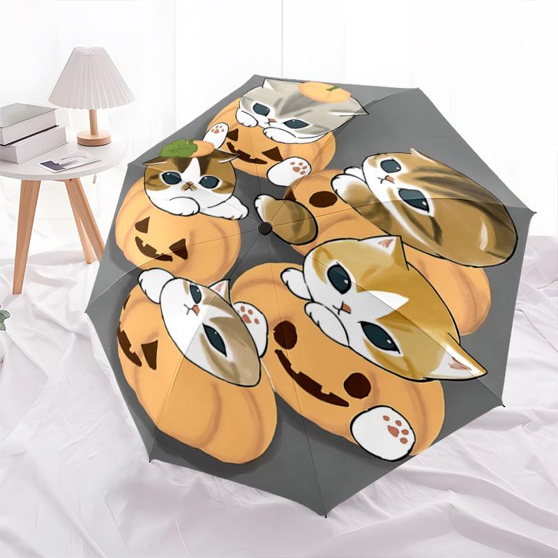 1pc Pumpkin Kittens Automatic Umbrella Design, Cute Cartoon Pattern, Portable Outdoor Umbrella, Perfect A067