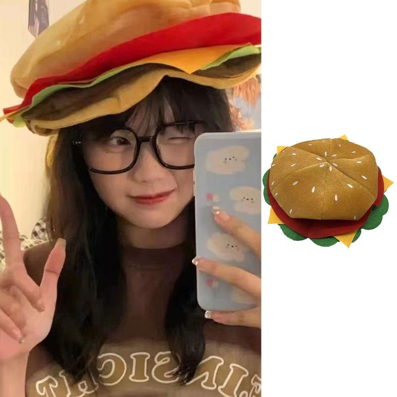 Unique Headgear Cartoon Unique Cheeseburgers Shaped Headgear Fast Food Hamburger Caps Photo Prop for Carnivals Cosplay