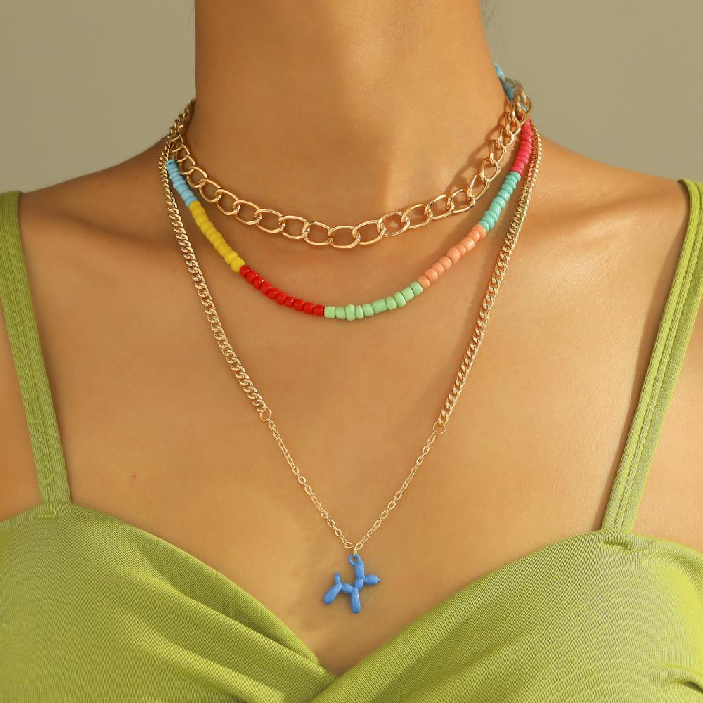 Contemporary Geometric Dog Pendant Necklace Featuring Colorful Soft Clay Flowers