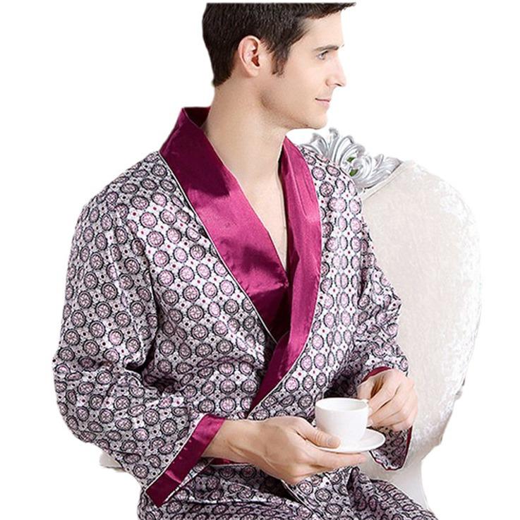Men's Plus Size Lightweight Long-Sleeve Silk Pajama Robe